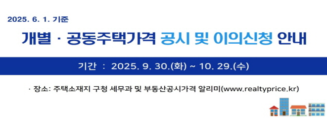2025. 6. 1. 기준 개별·공동주택가격 공시 및 이의신청 안내  ○ 기     간    - 개별주택가격: 2025. 9. 30.(화) ~ 10. 29.(수)    - 공동주택가격:  2025. 9. 30.(화) ~ 10. 29.(수)  ○ 장     소: 주택소재지 구청 세무과 및 부동산공시가격 알리미(www.realtyprice.kr)  ○ 열람내용: 2025. 6. 1. 기준 개별·공동주택가격(※ 공동주택가격은 국토교통부에서 결정·공시)  ○ 제 출 자: 개별·공동주택가격에 대하여 이의가 있는 주택소유자 및 이해관계인  ○ 제출방법: 이의신청서 서식에 기재하여 서면 및 우편, 인터넷 제출